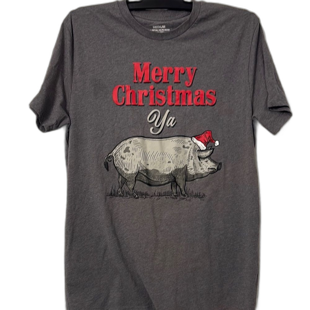 Gray Christmas Pig Graphic T-Shirt Size MD